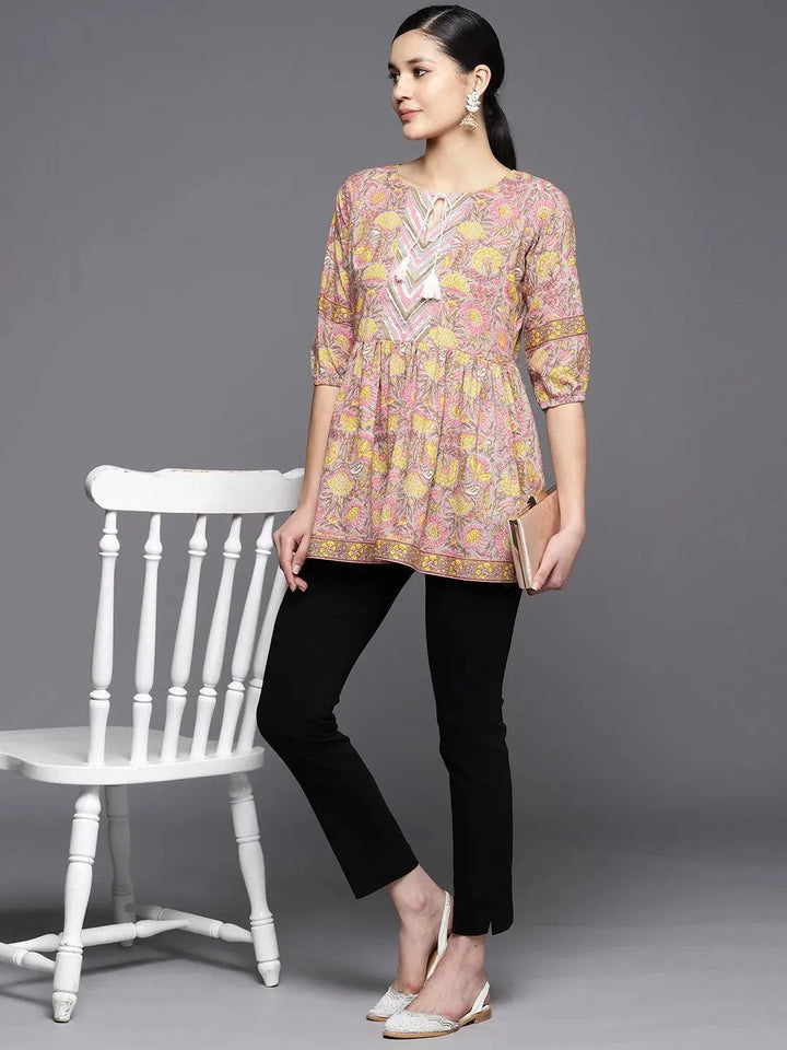 Grey Printed Cotton A-Line Kurti - Libas