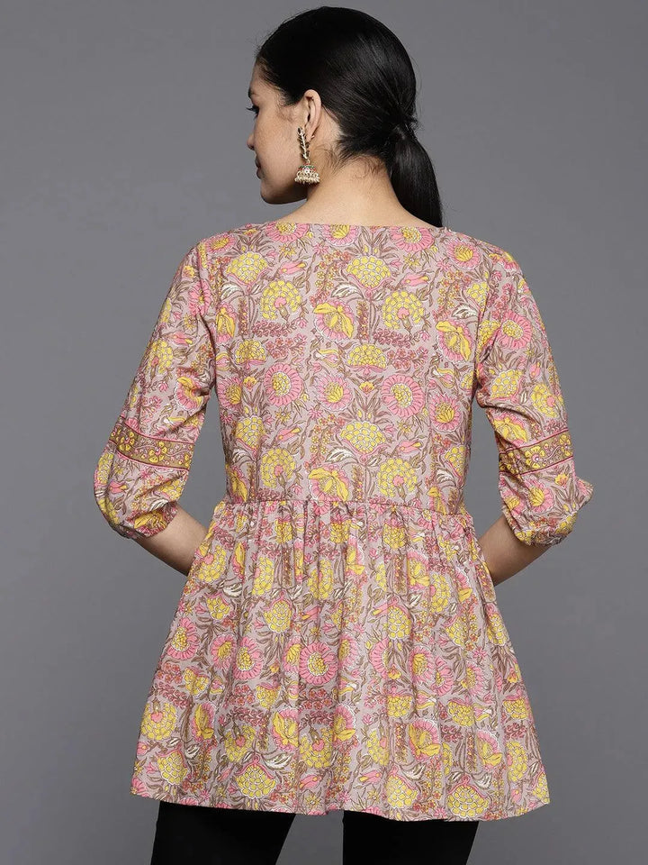 Grey Printed Cotton A-Line Kurti - Libas