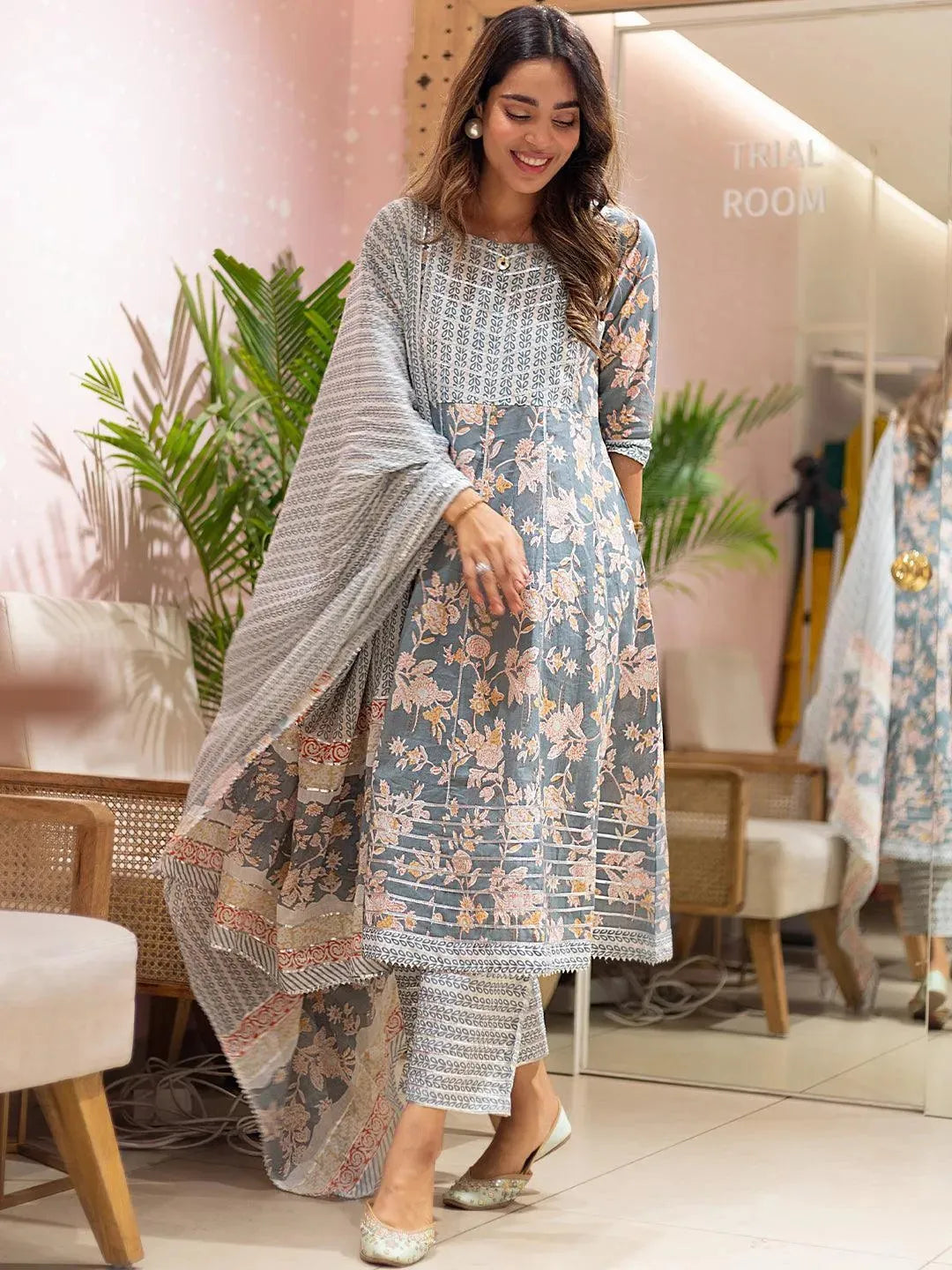 Grey Printed Cotton Suit Set - Libas