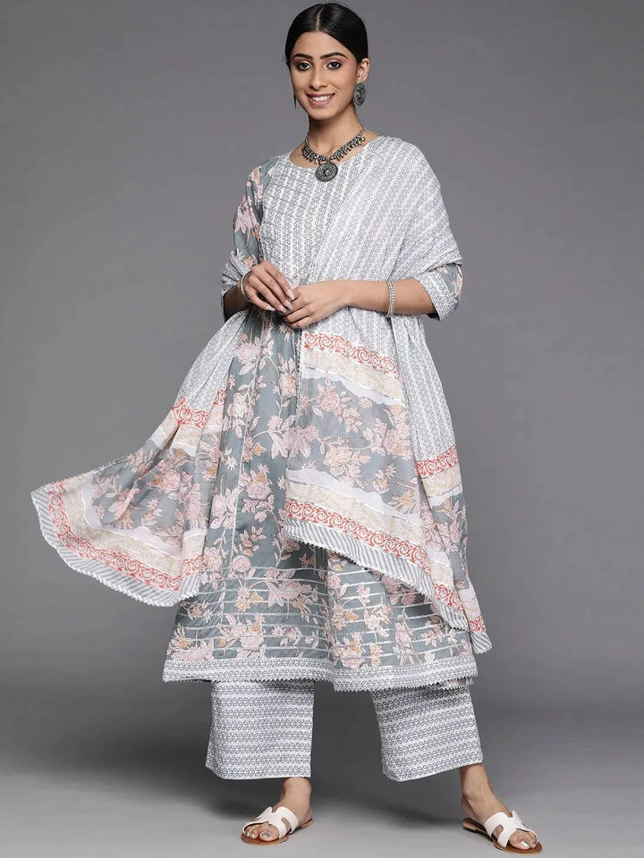 Grey Printed Cotton Suit Set - Libas