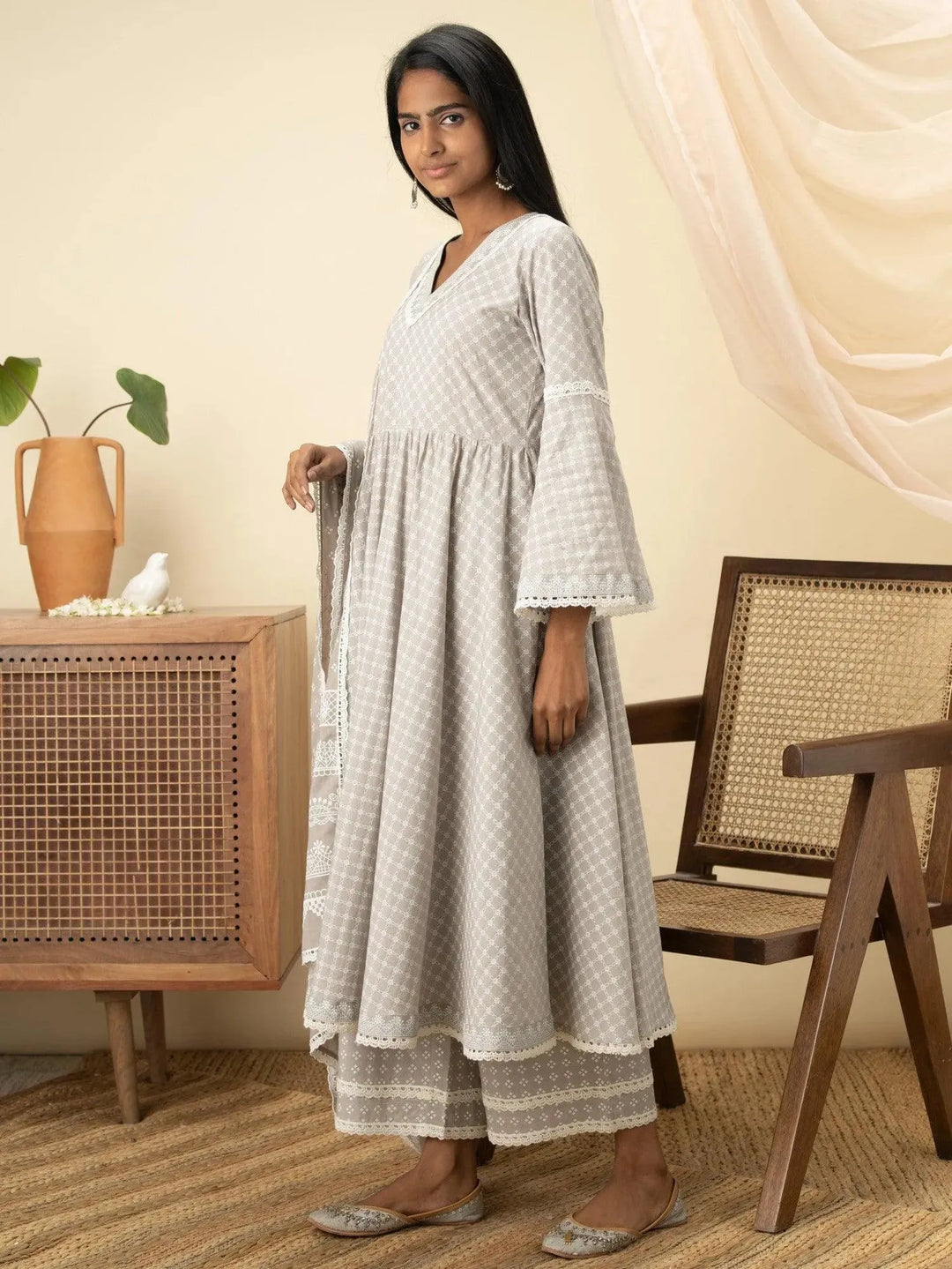 Grey Printed Cotton Suit Set - Libas 