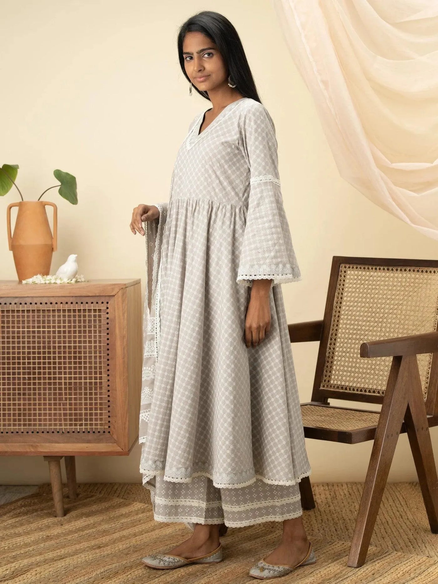 Grey Printed Cotton Suit Set - Libas