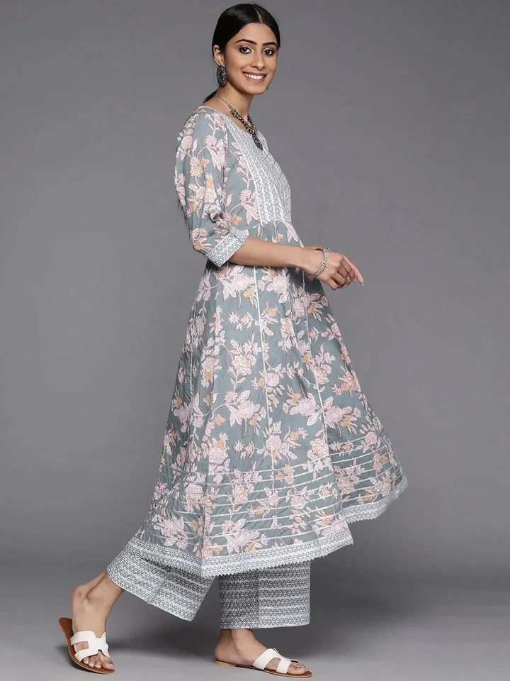 Grey Printed Cotton Suit Set - Libas
