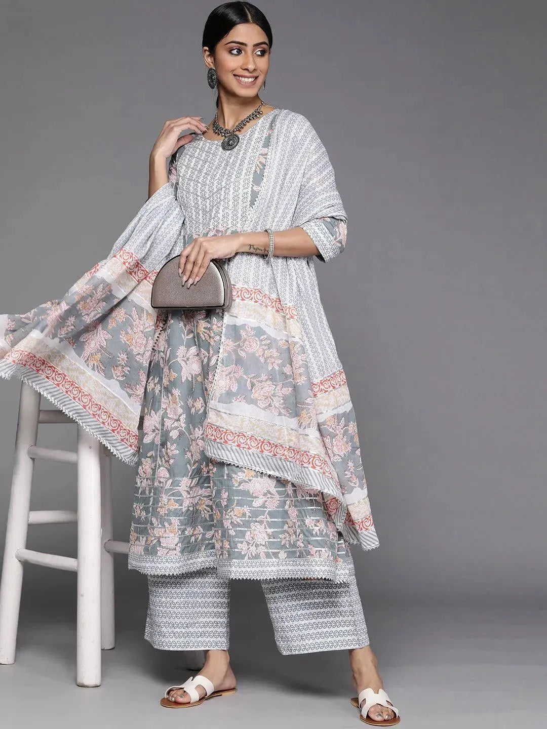 Grey Printed Cotton Suit Set - Libas 