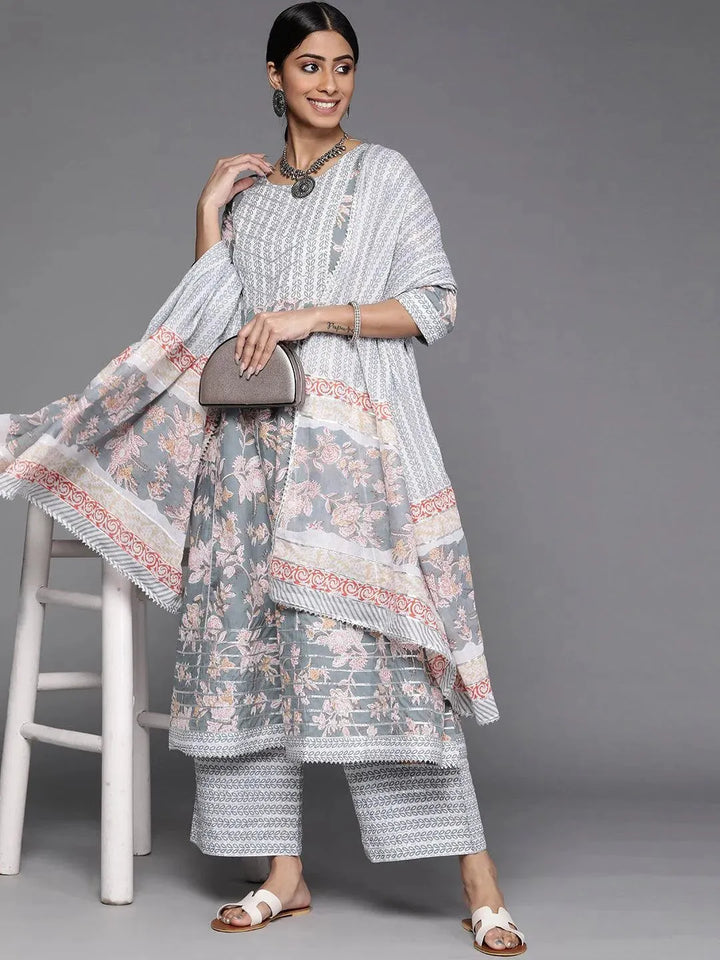 Grey Printed Cotton Suit Set - Libas