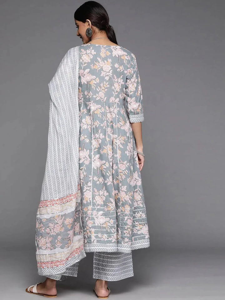 Grey Printed Cotton Suit Set - Libas