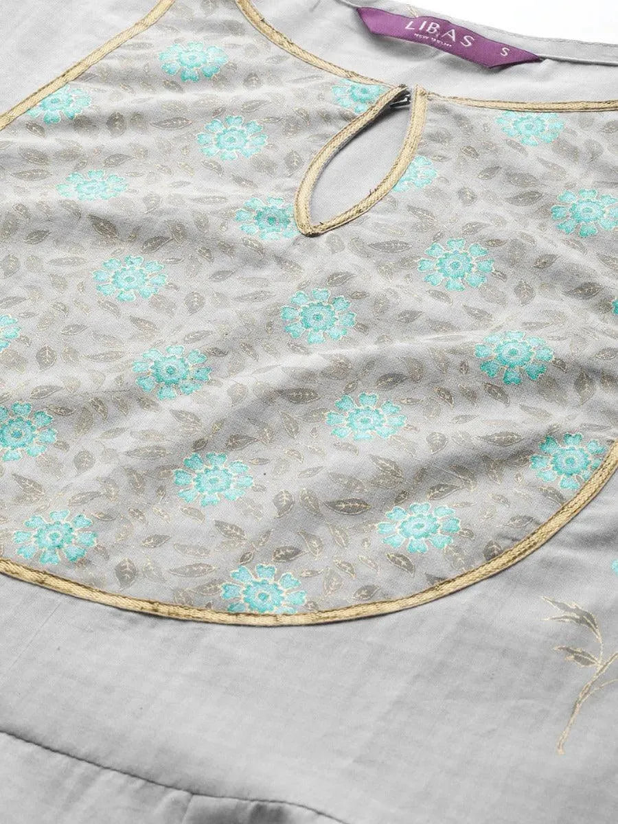 

Grey Printed Cotton Anarkali Kurta With Palazzos