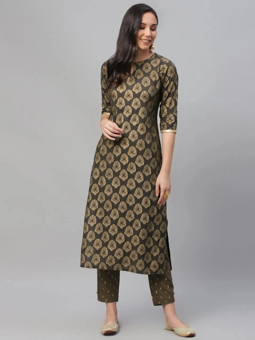 Grey Printed Cotton Kurta - Libas