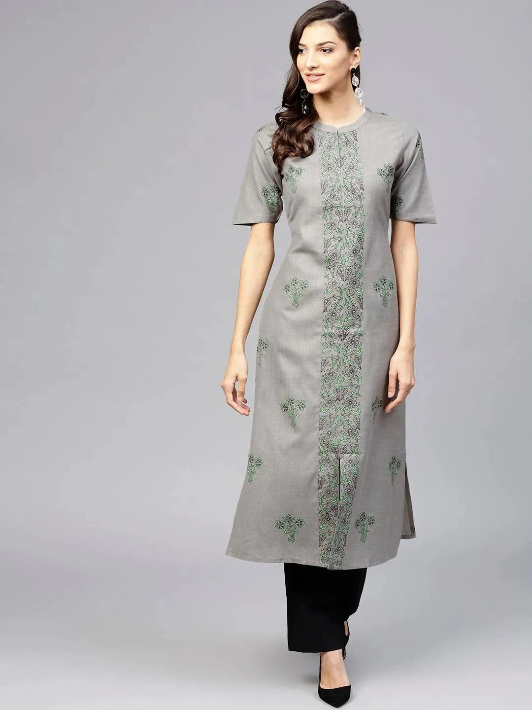 Grey Printed Cotton Kurta - Libas