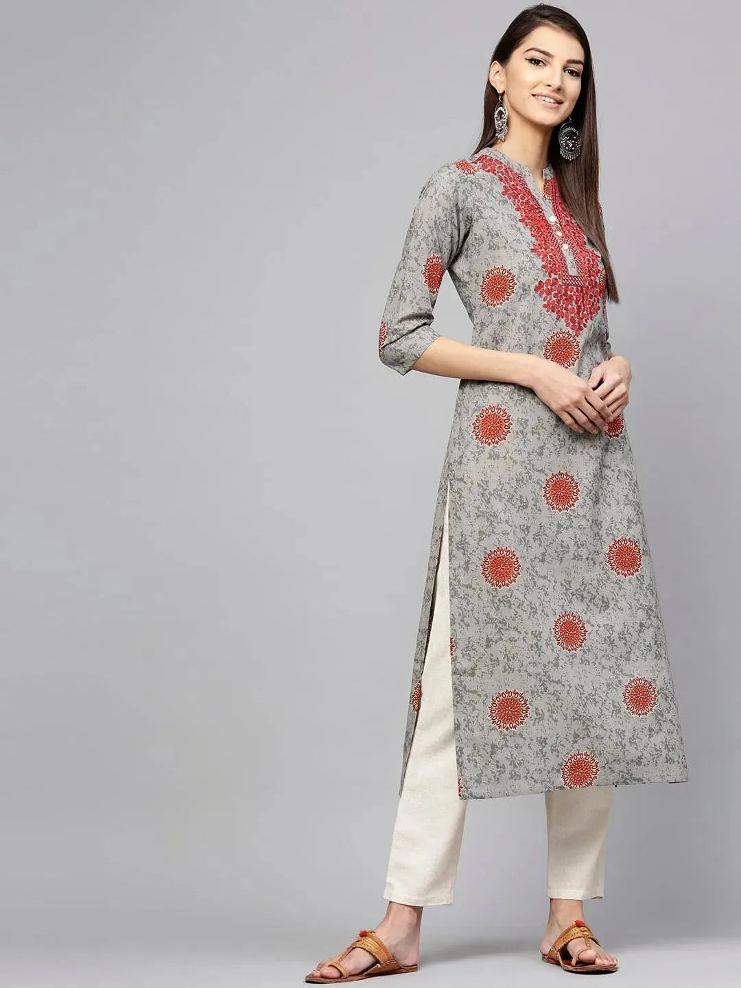 Grey Printed Cotton Kurta - Libas