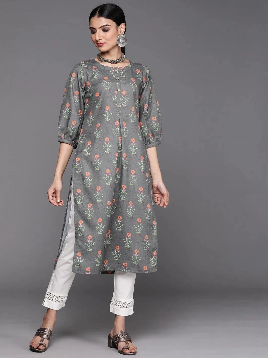 Grey Printed Cotton Kurta - Libas