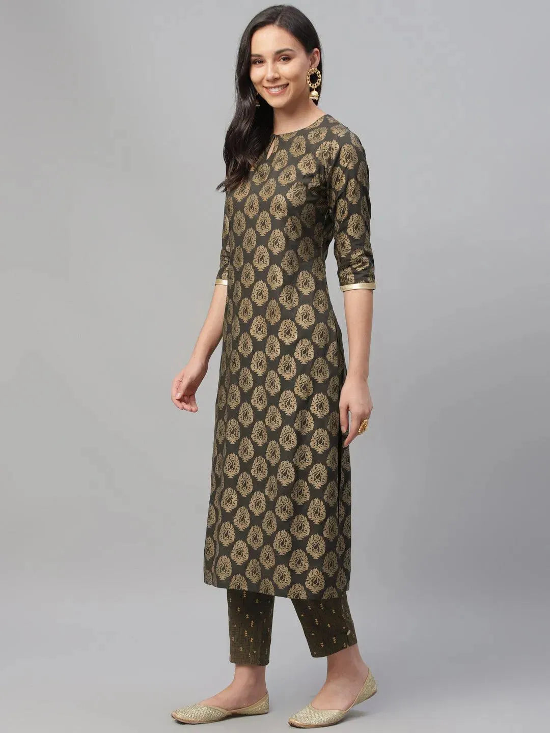 Grey Printed Cotton Kurta - Libas