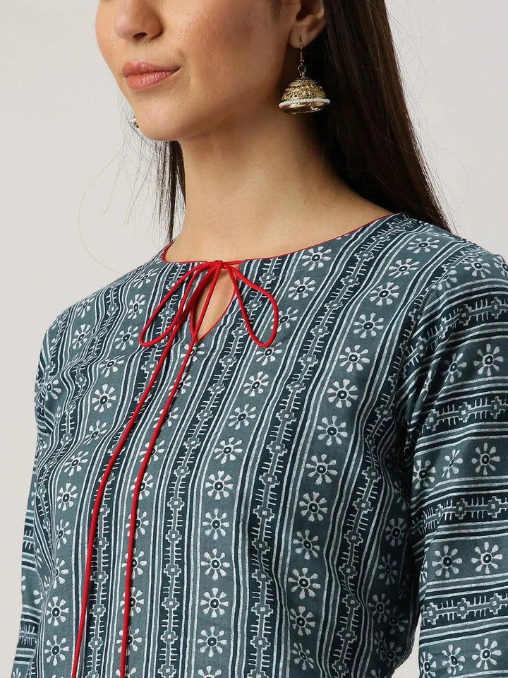 Grey Printed Cotton Kurta - Libas