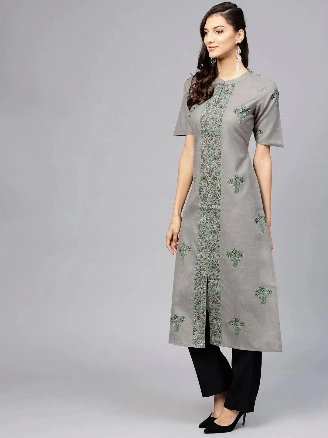 Grey Printed Cotton Kurta - Libas 