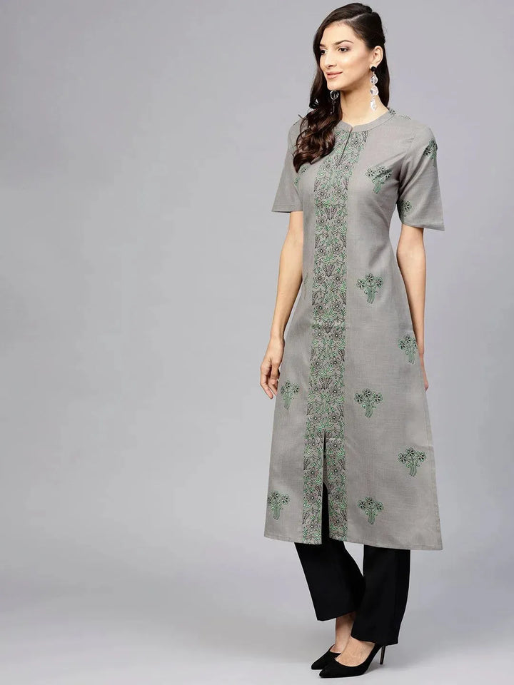 Grey Printed Cotton Kurta - Libas