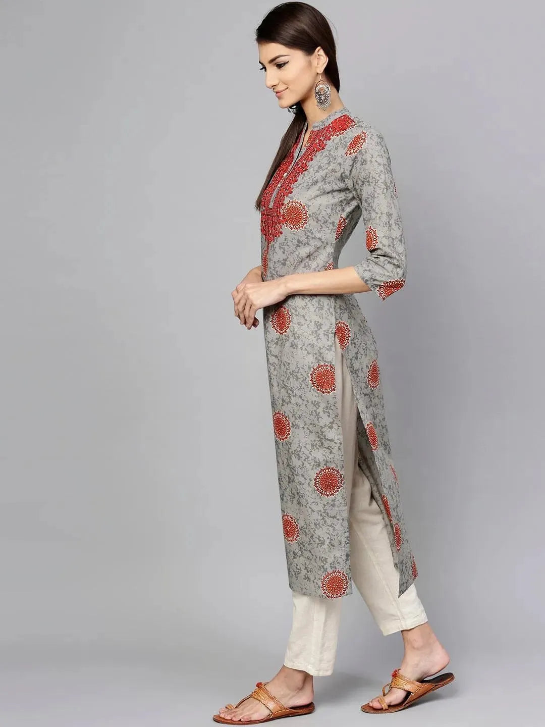 Grey Printed Cotton Kurta - Libas