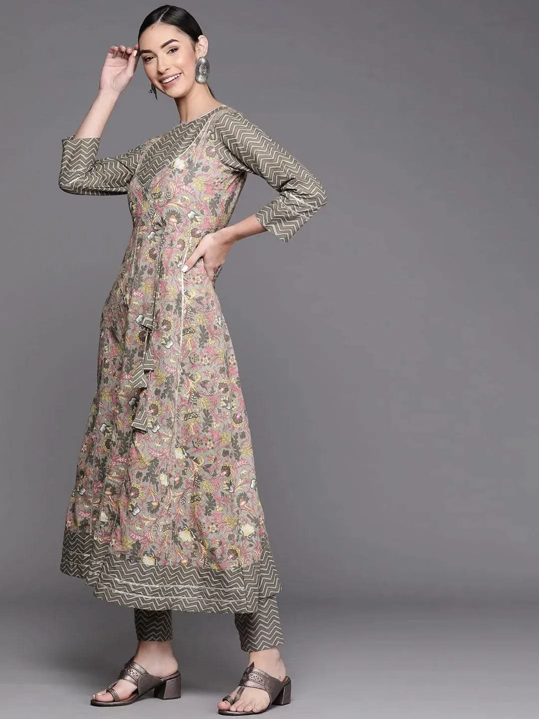 Grey Printed Cotton Kurta - Libas 