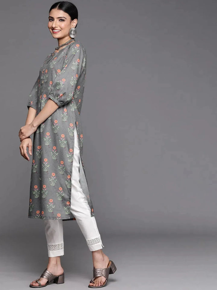 Grey Printed Cotton Kurta - Libas