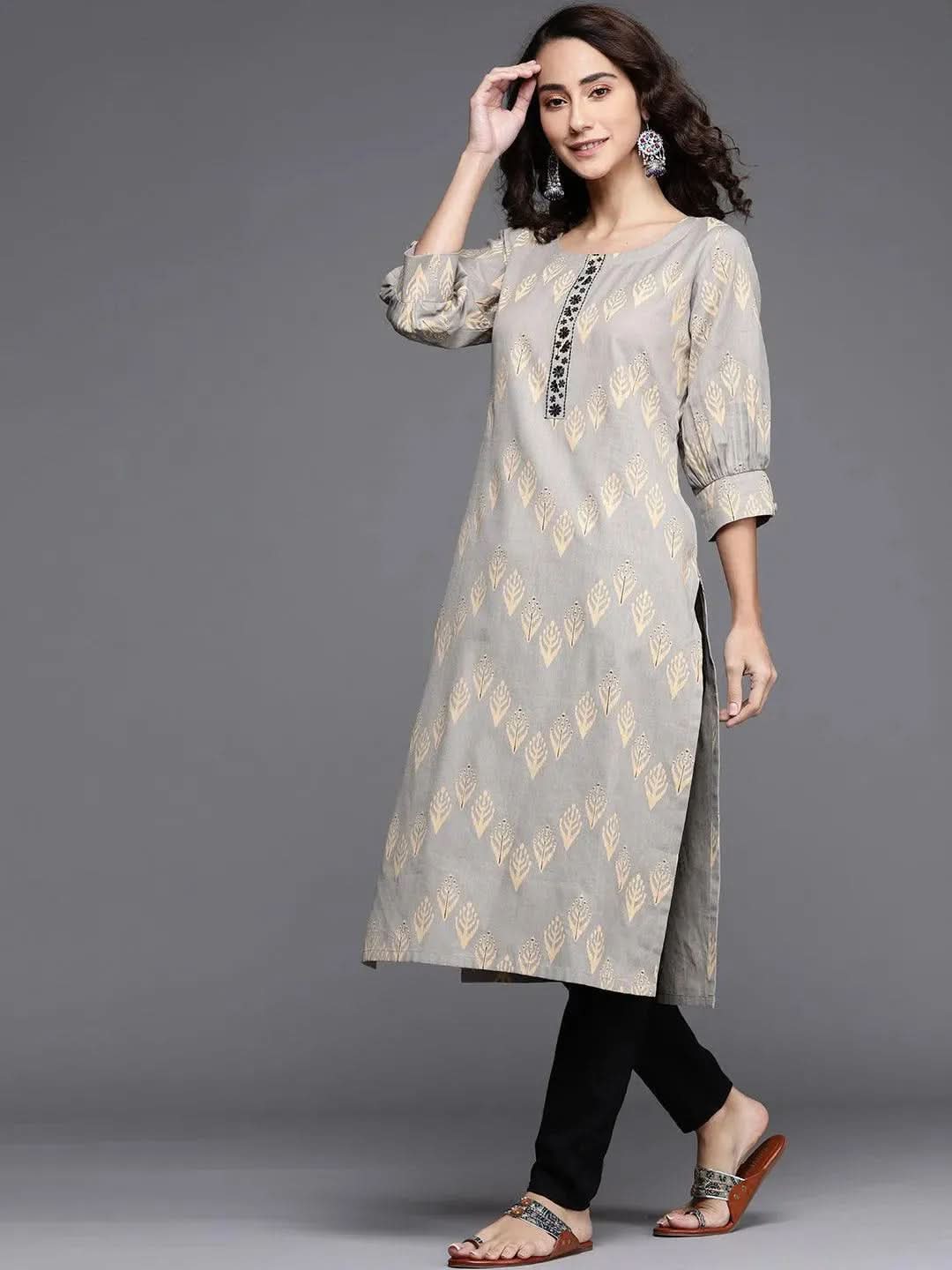Grey Printed Cotton Kurta - Libas 