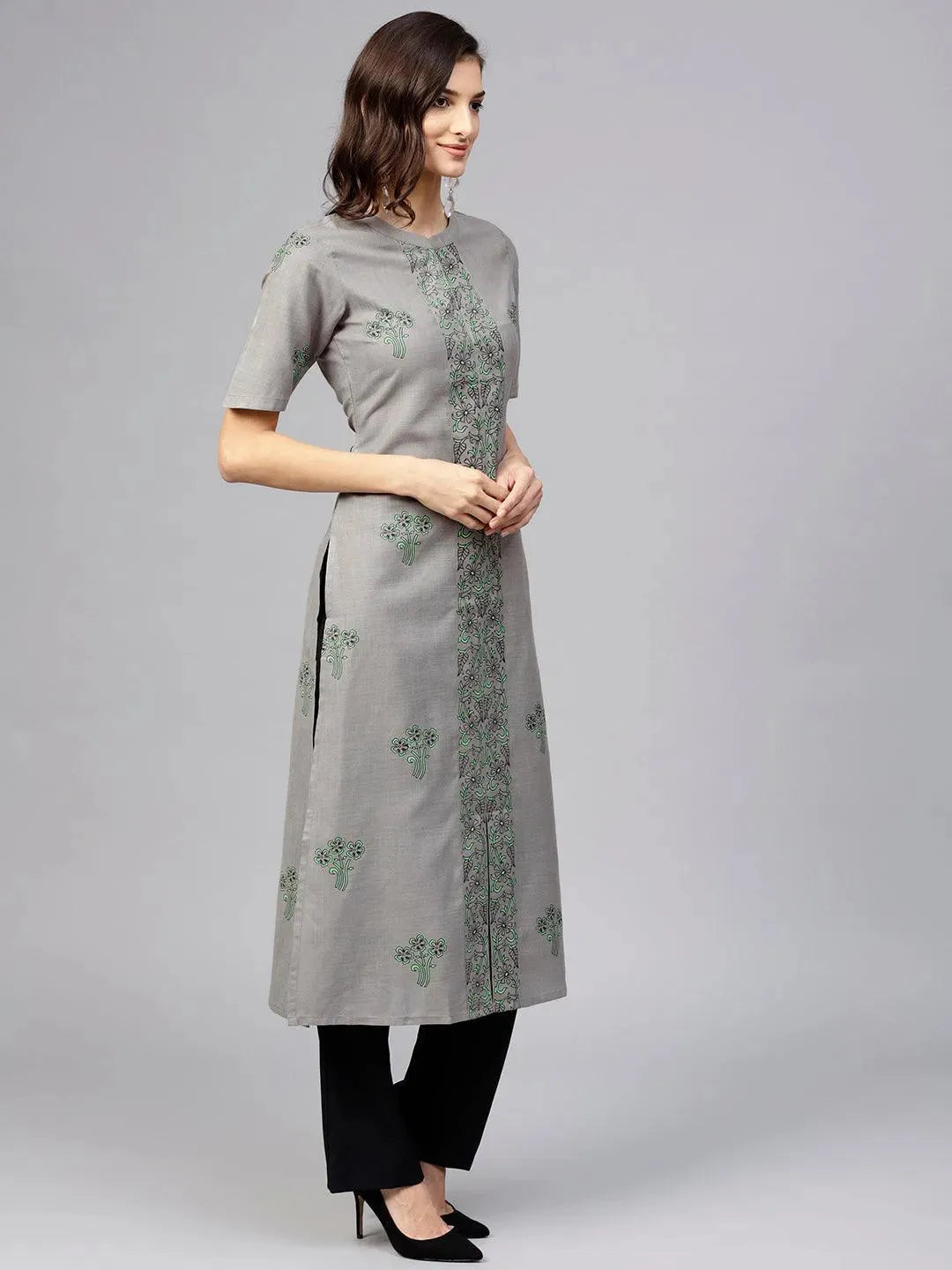 Grey Printed Cotton Kurta - Libas