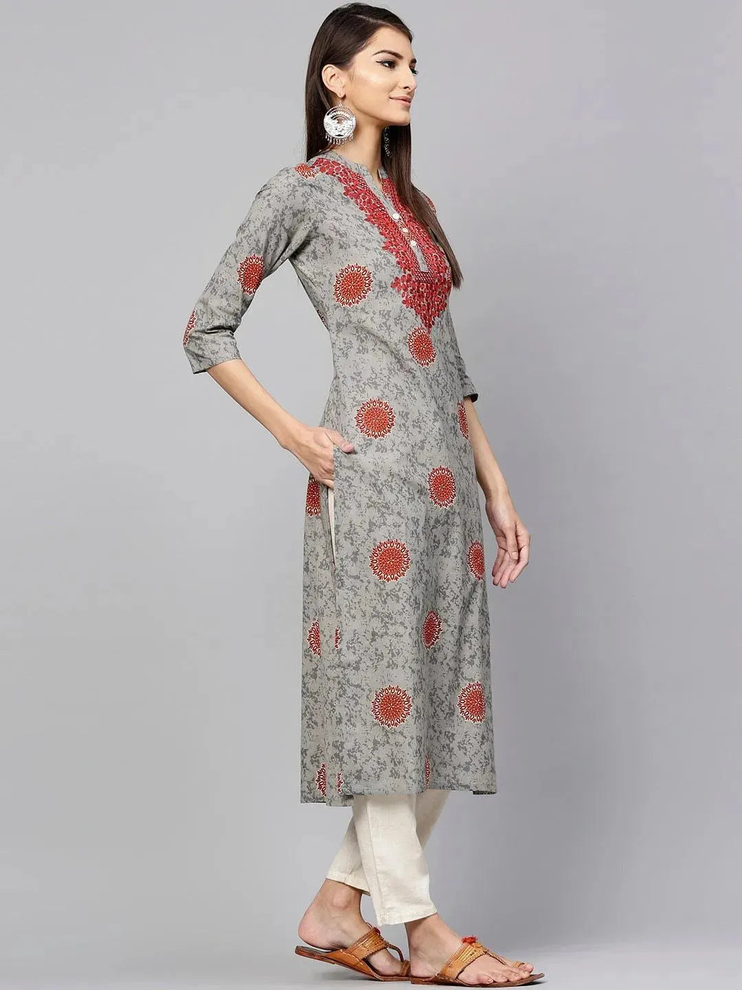 Grey Printed Cotton Kurta - Libas