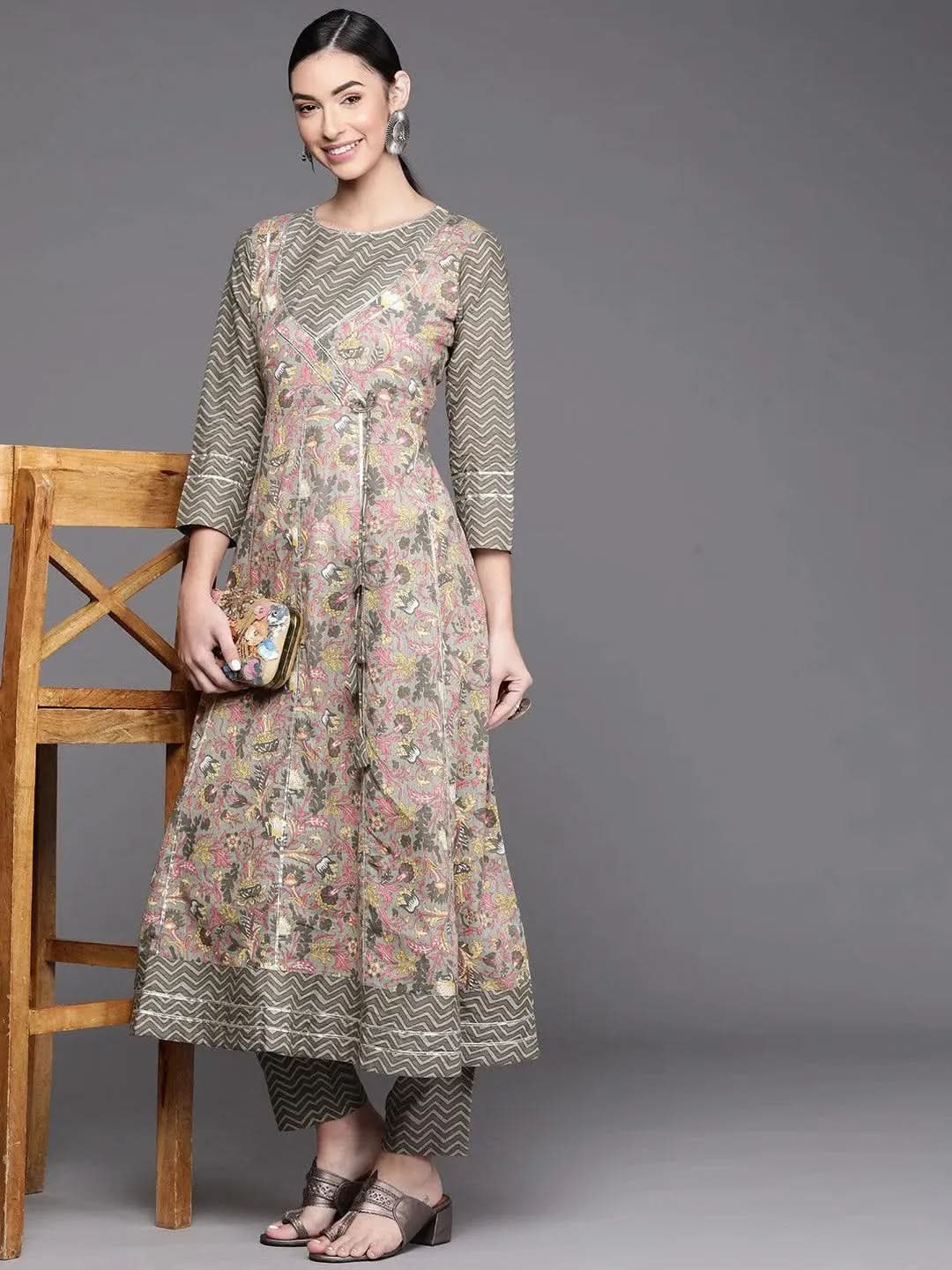 Grey Printed Cotton Kurta - Libas 