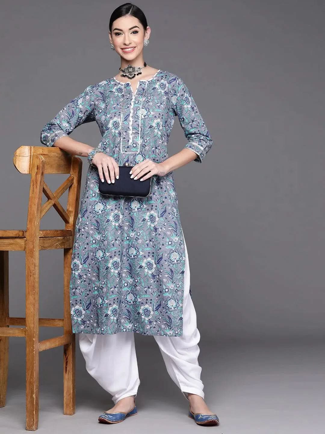 Grey Printed Cotton Kurta - Libas 