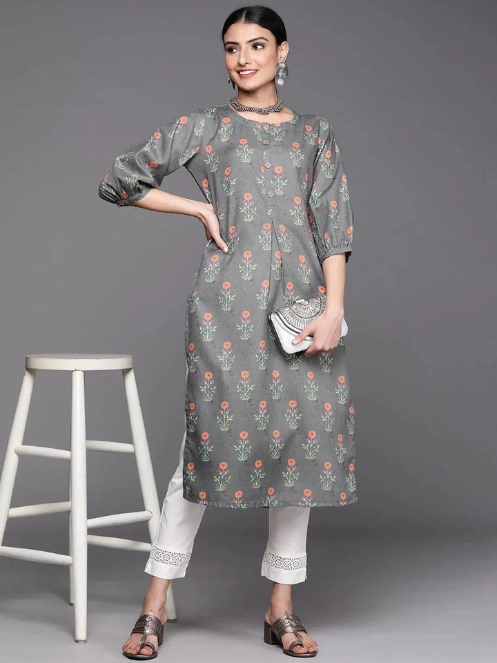 Grey Printed Cotton Kurta - Libas