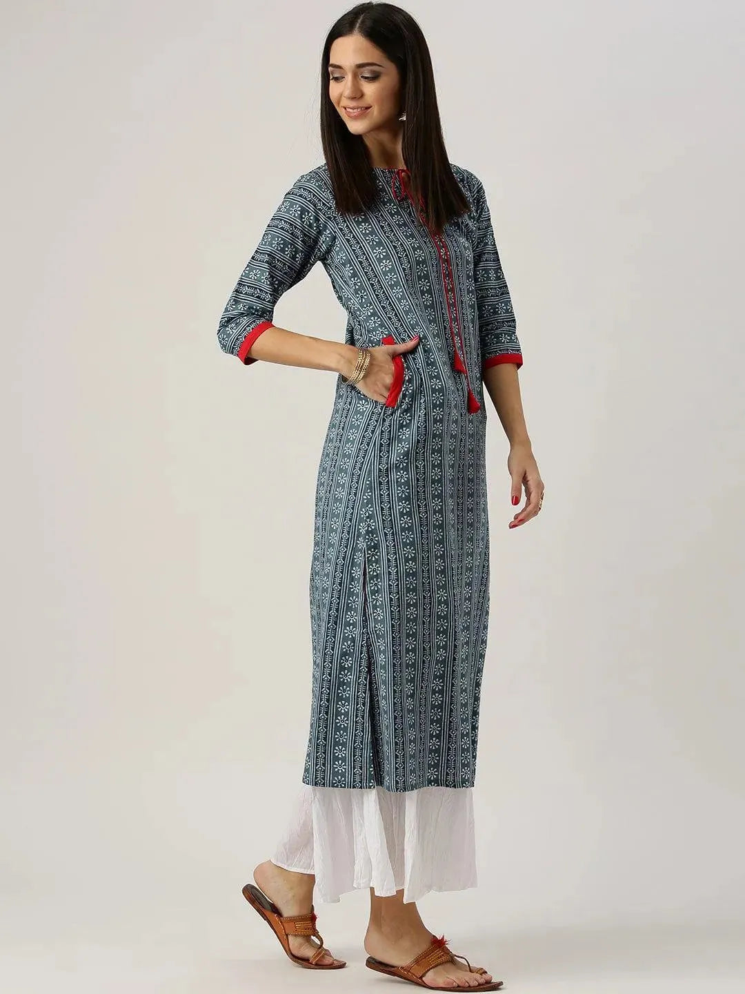 Grey Printed Cotton Kurta - Libas 