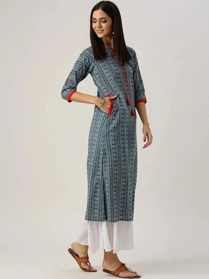 Grey Printed Cotton Kurta - Libas