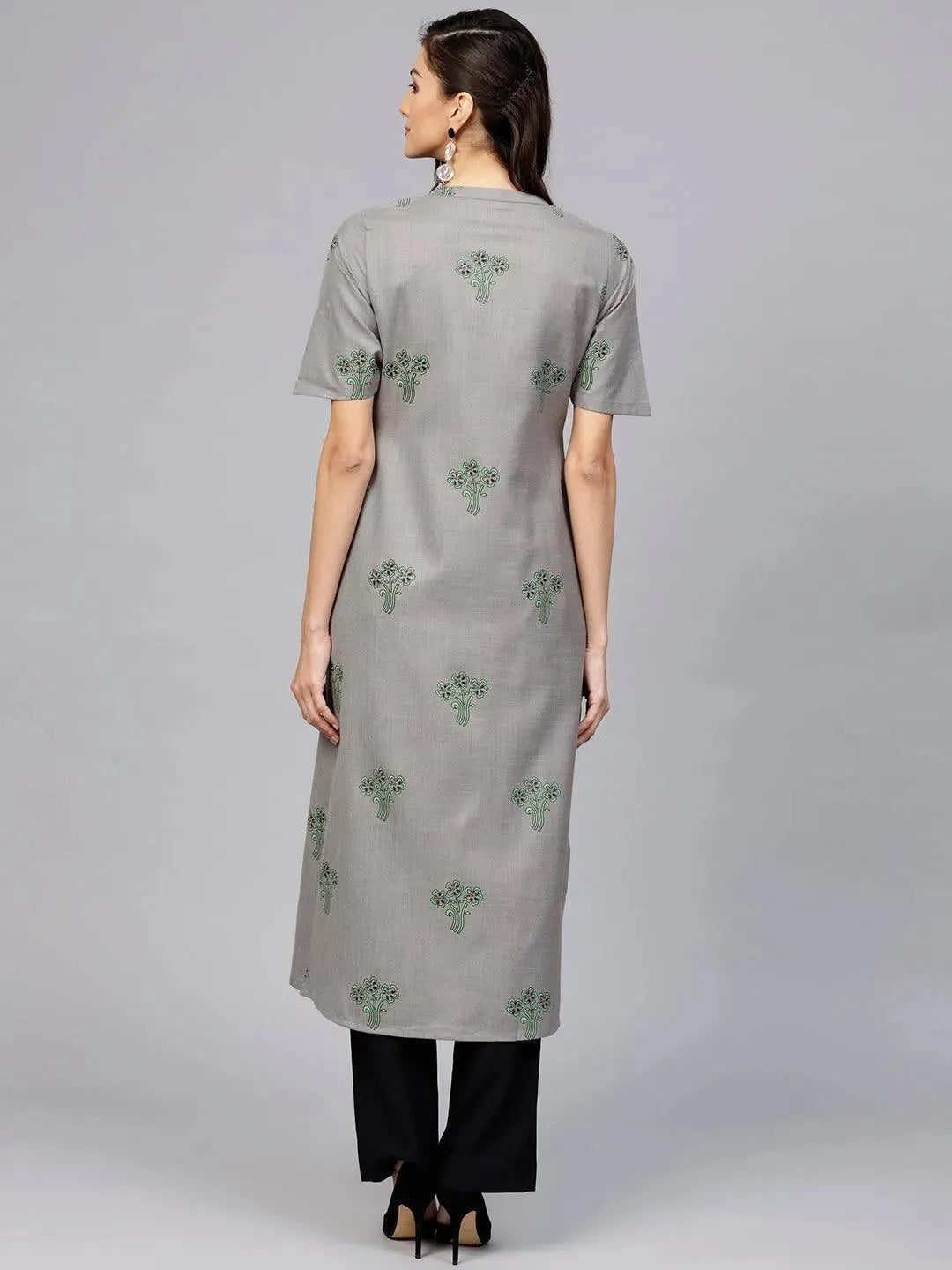 Grey Printed Cotton Kurta - Libas