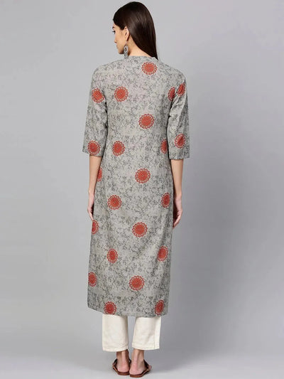 Grey Printed Cotton Kurta - Libas