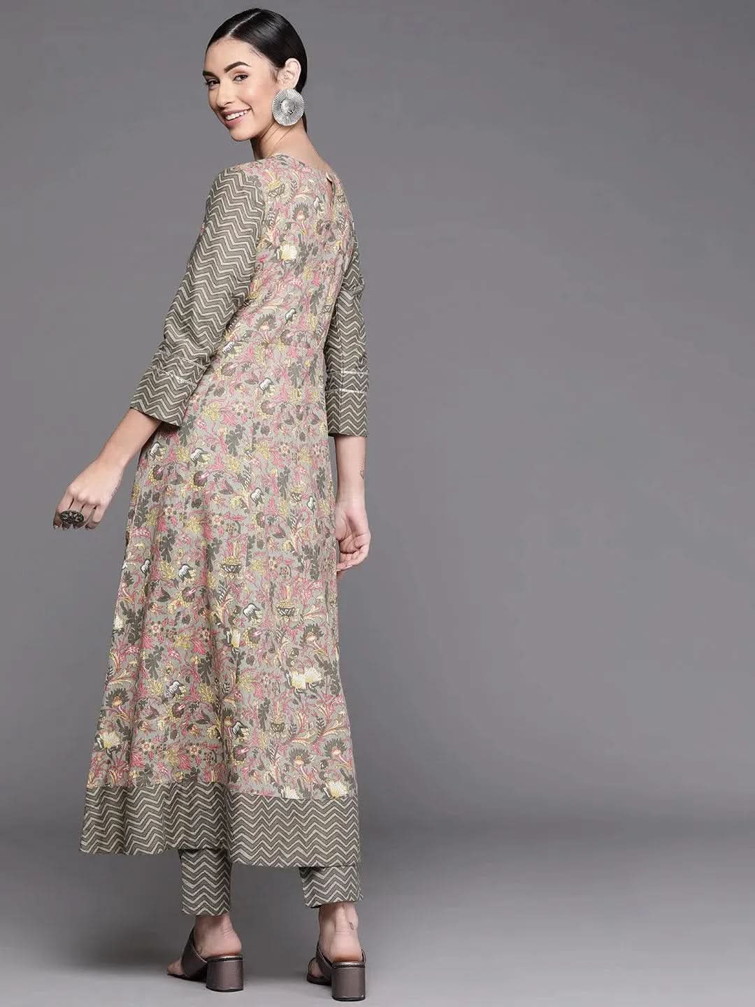 Grey Printed Cotton Kurta - Libas 