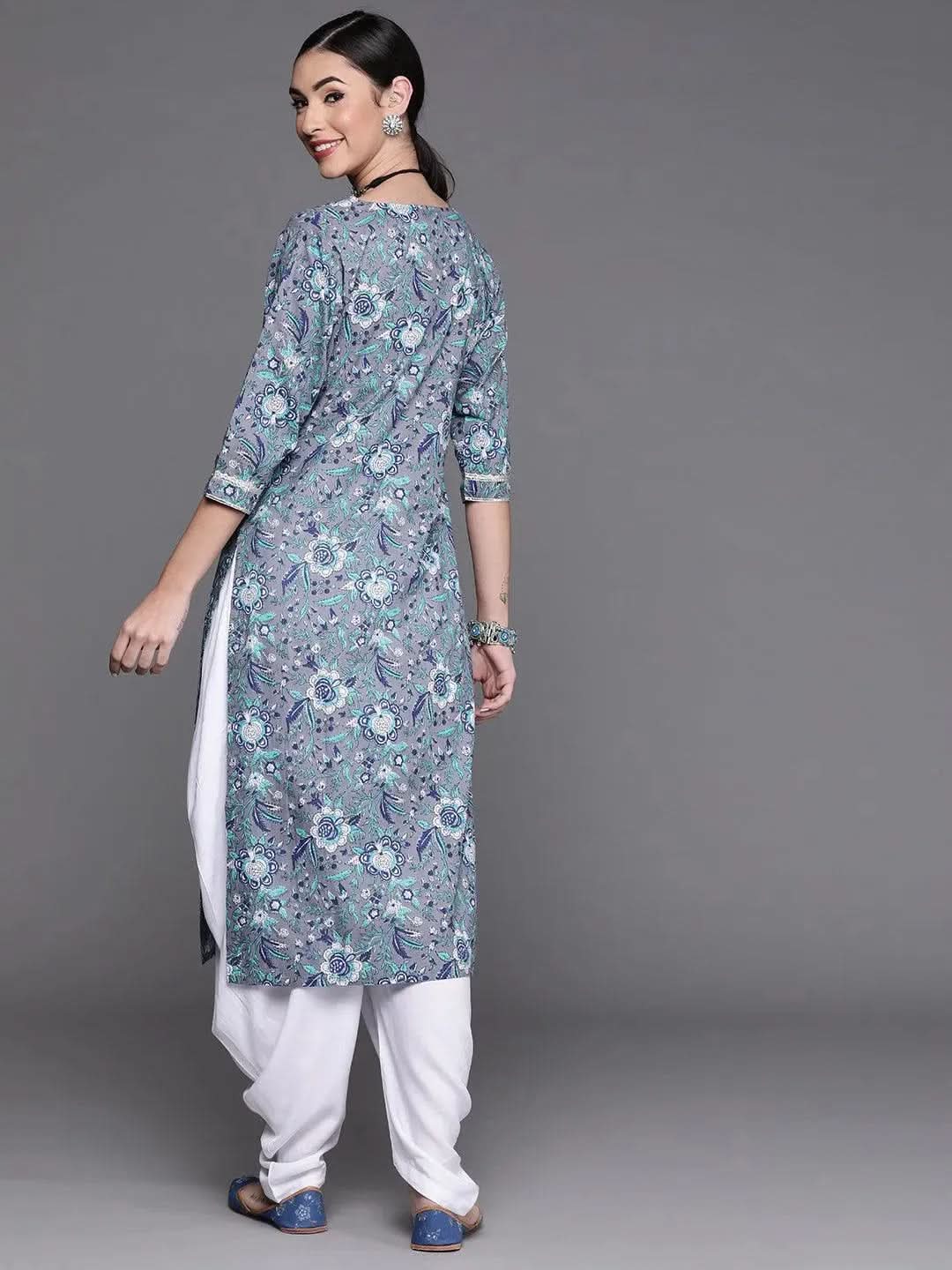 Grey Printed Cotton Kurta - Libas 