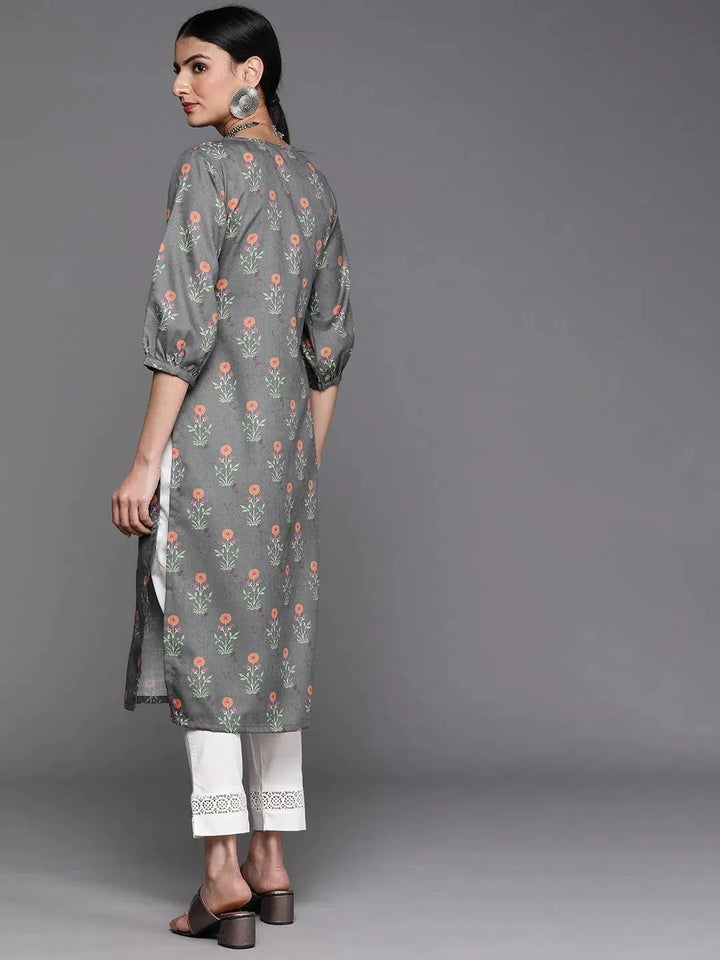Grey Printed Cotton Kurta - Libas