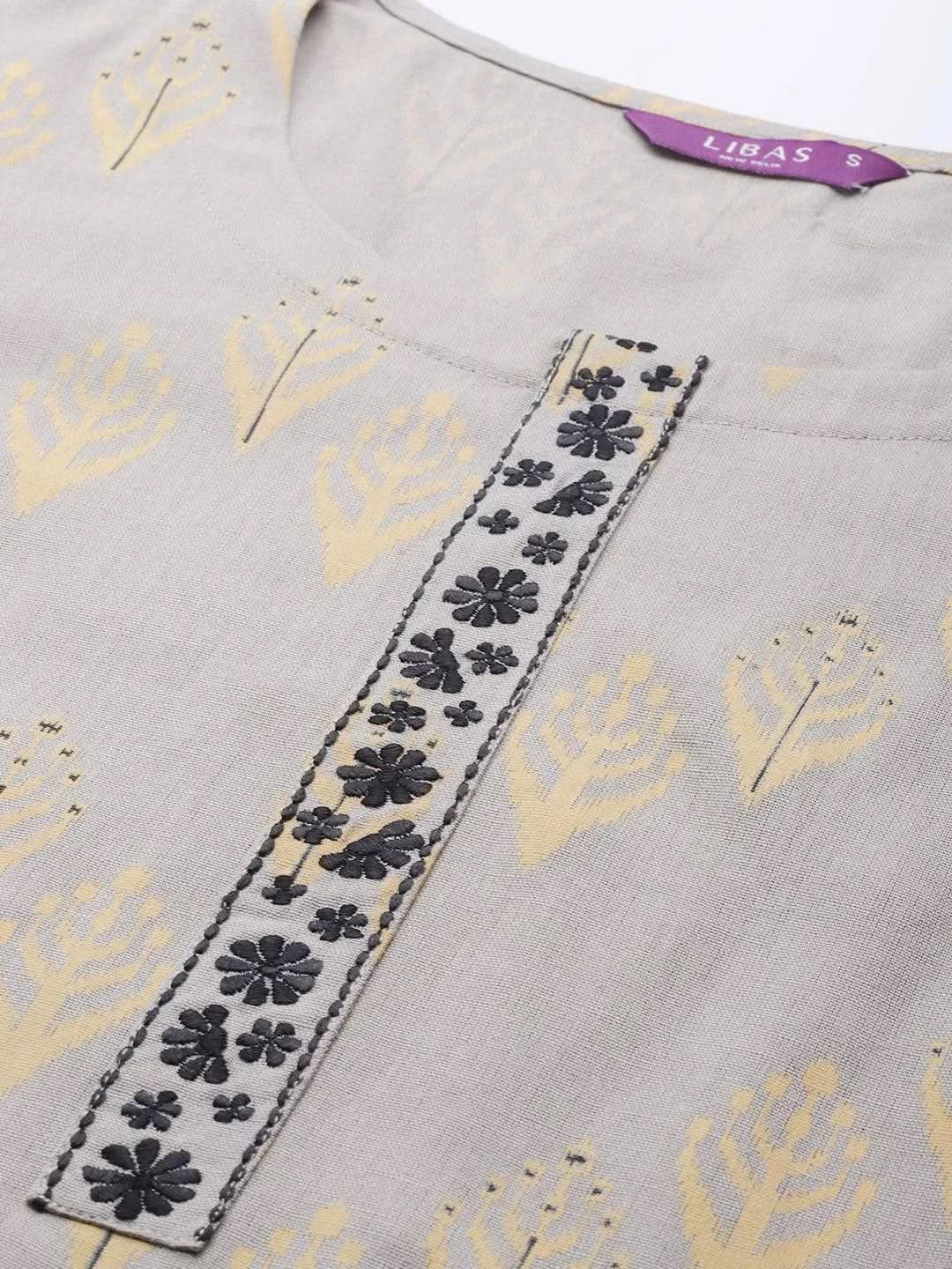 Grey Printed Cotton Kurta - Libas 