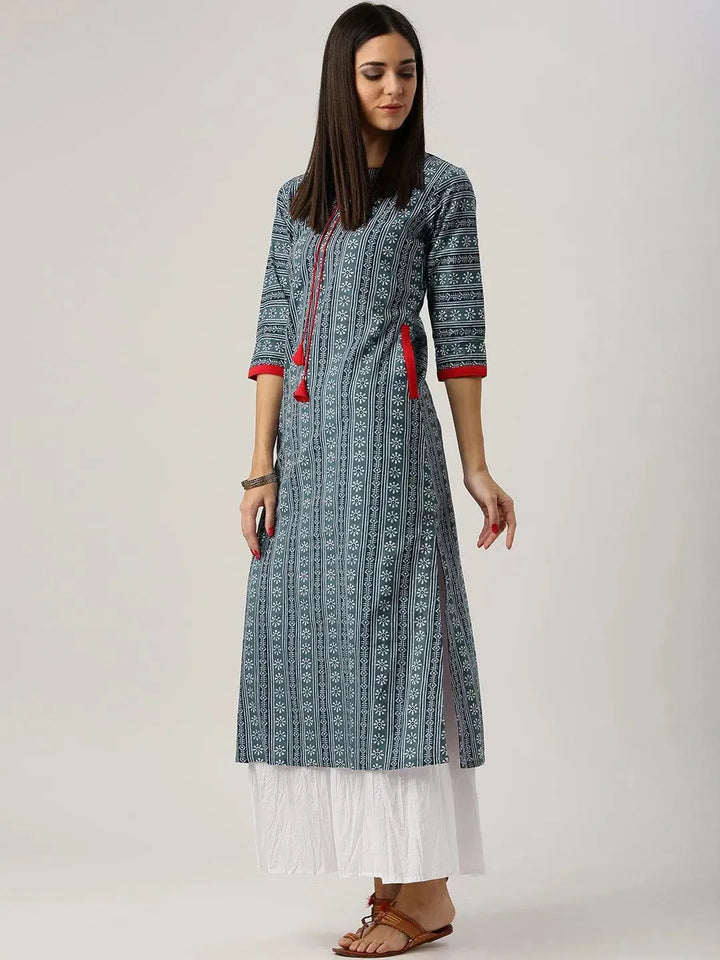 Grey Printed Cotton Kurta - Libas