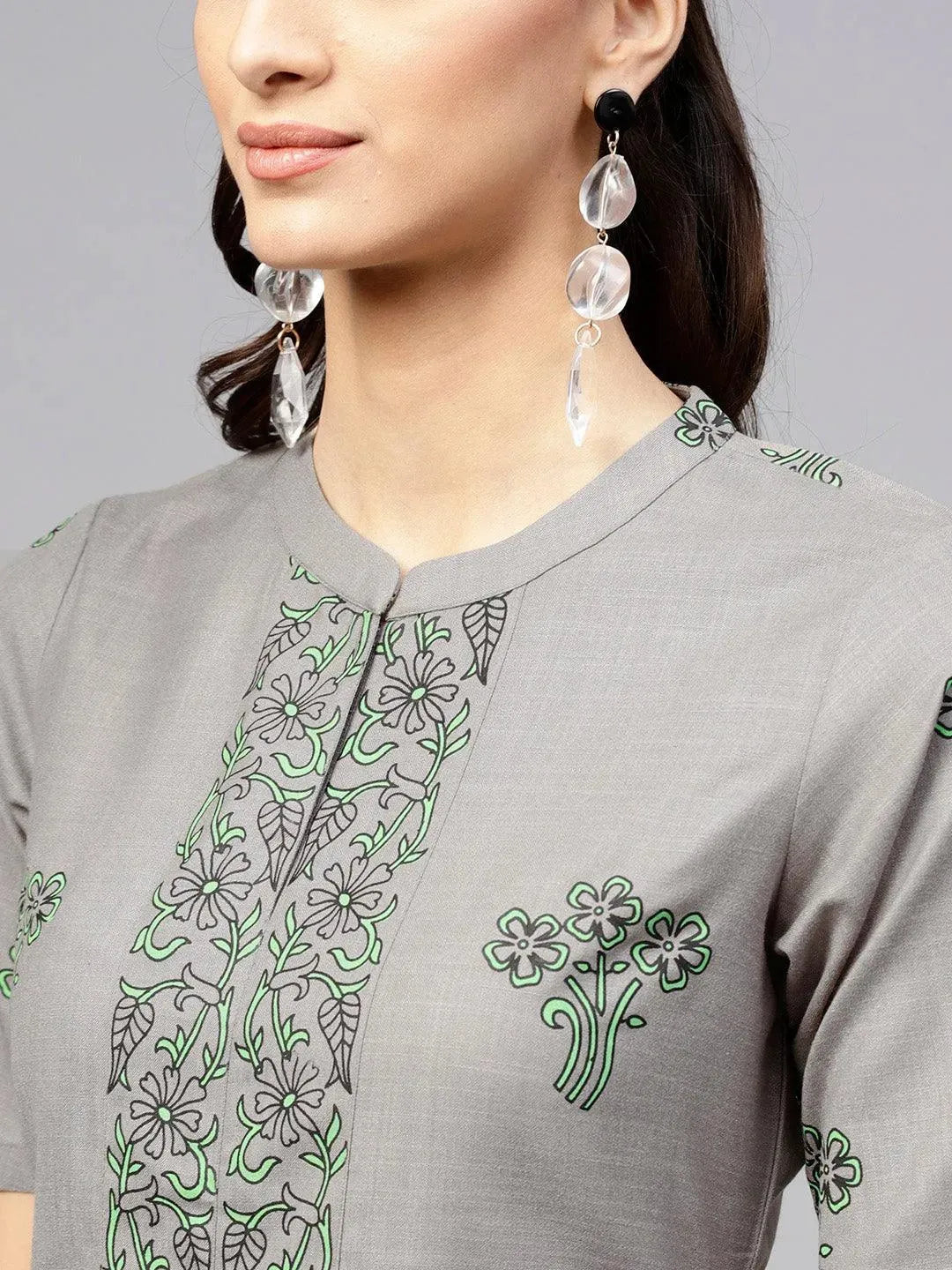 Grey Printed Cotton Kurta - Libas