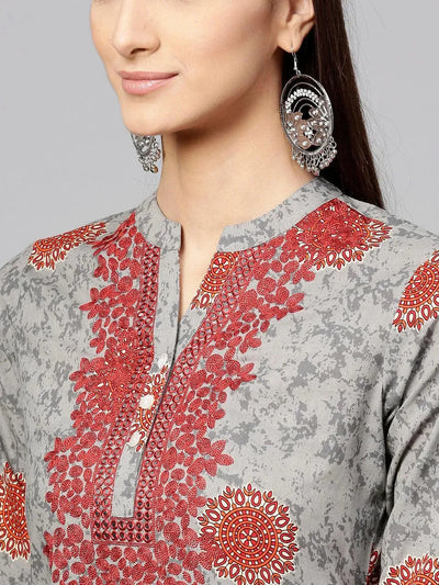 Grey Printed Cotton Kurta - Libas