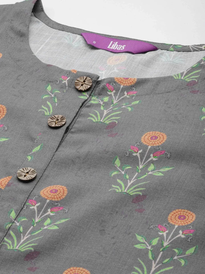 Grey Printed Cotton Kurta - Libas