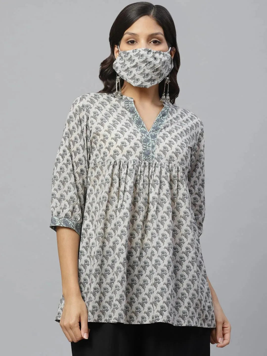 Grey Printed Cotton Kurti With Mask - Libas