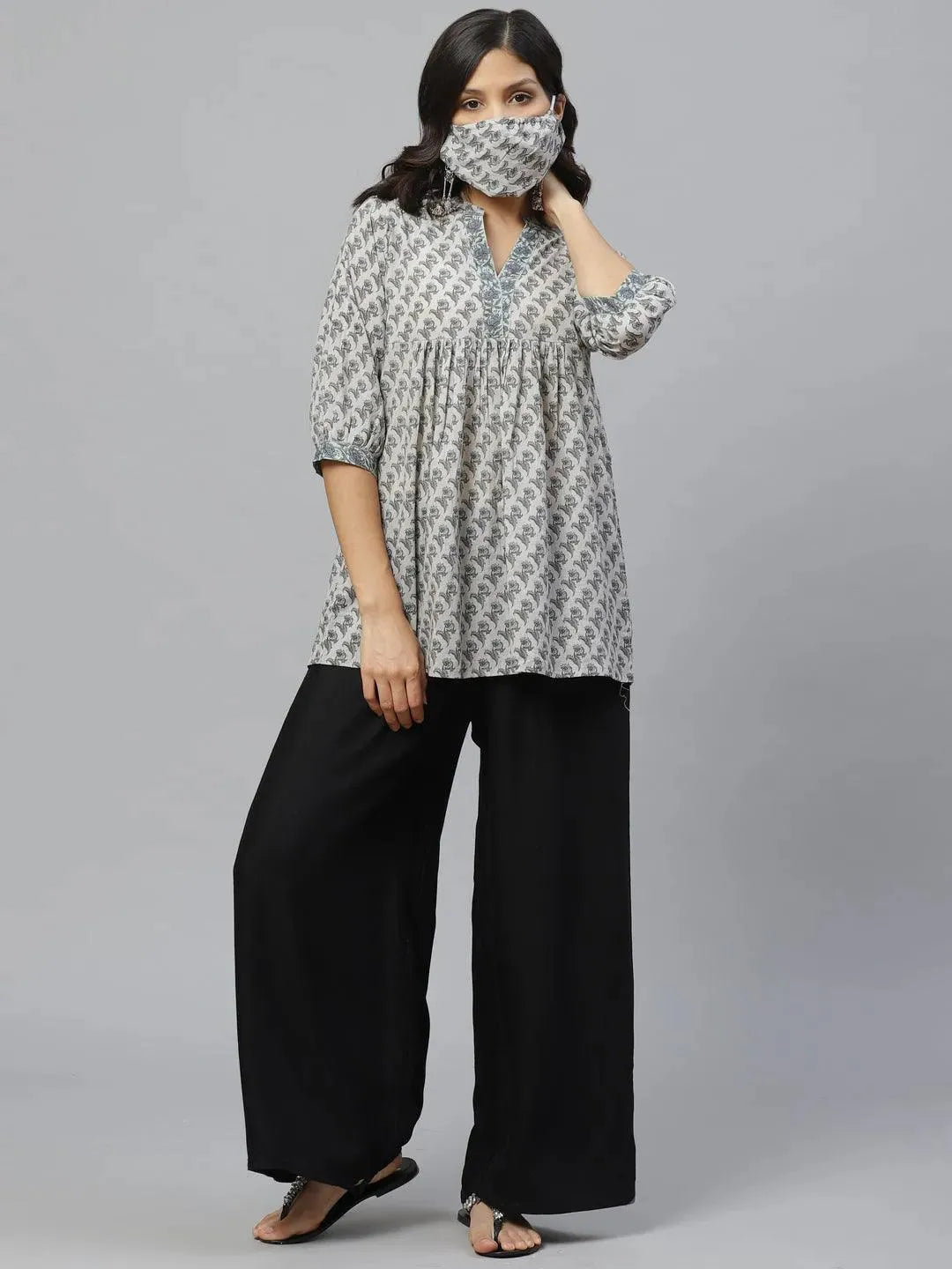 Grey Printed Cotton Kurti With Mask - Libas