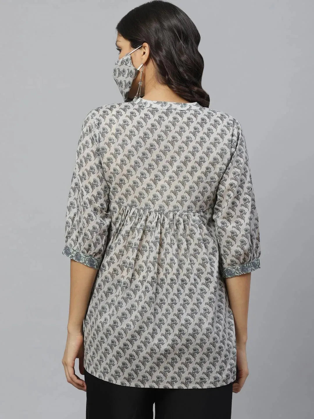 Grey Printed Cotton Kurti With Mask - Libas