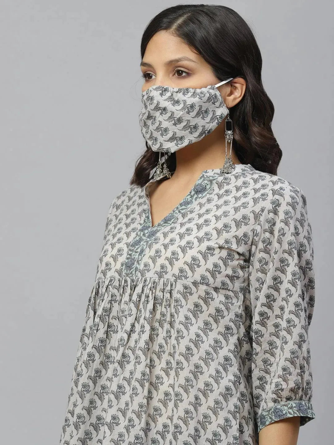 Grey Printed Cotton Kurti With Mask - Libas 