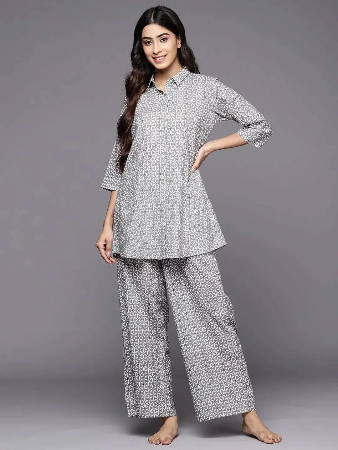 Grey Printed Cotton Night Suit - Libas 