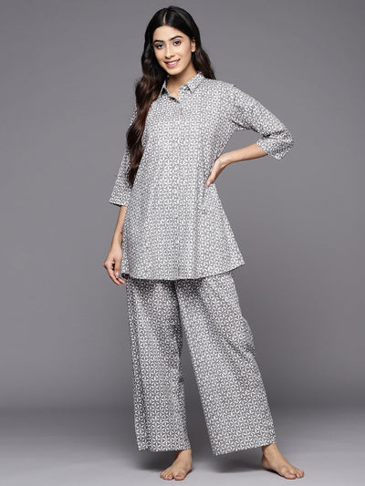 Grey stripes half sleeves night suit for women