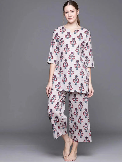 Grey Printed Cotton Night Suit - Libas