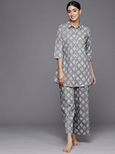 Grey Printed Cotton Night Suit - Libas