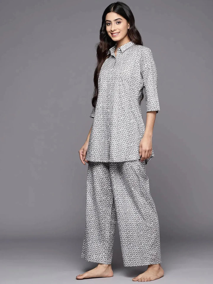 Grey Printed Cotton Night Suit - Libas