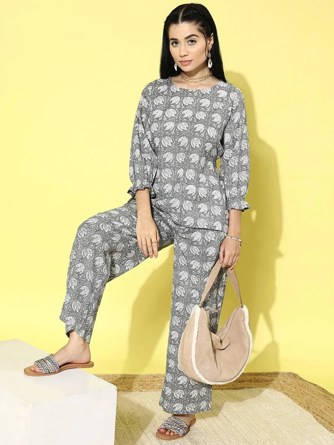 Grey Printed Cotton Night Suit - Libas 